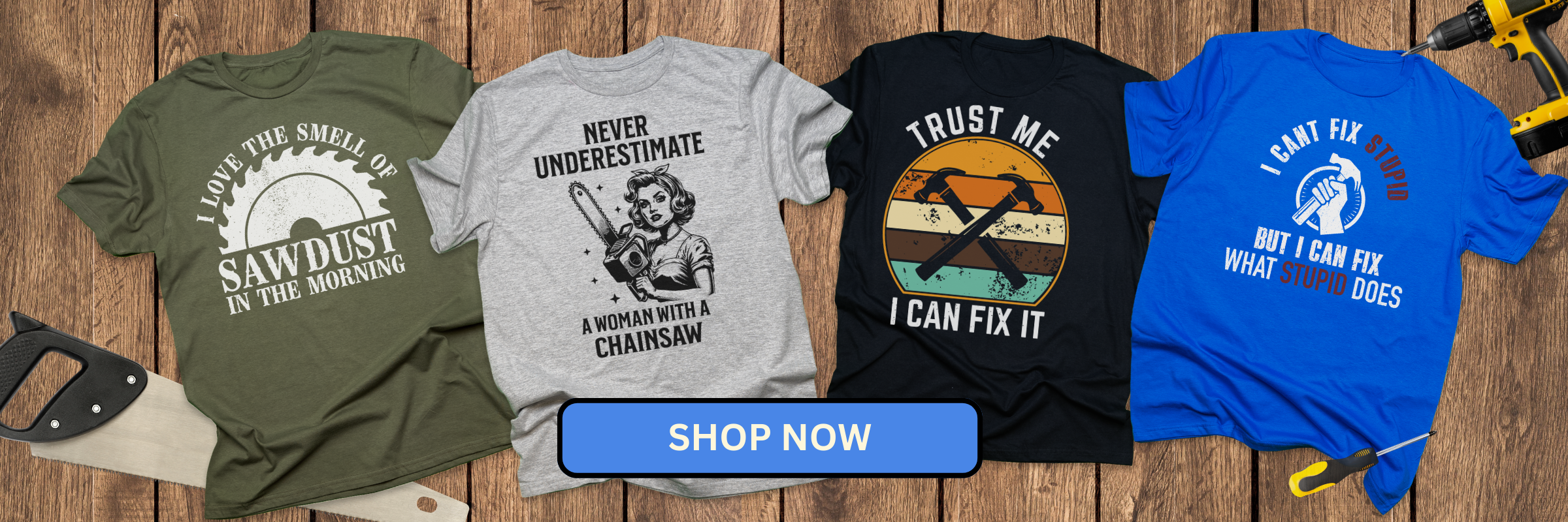 Four t-shirts with different designs on a wooden background with a 'Shop Now' button.